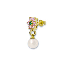 Load image into Gallery viewer, Green & Pink Flower Freshwater Pearl Earring Pair in Yellow Gold