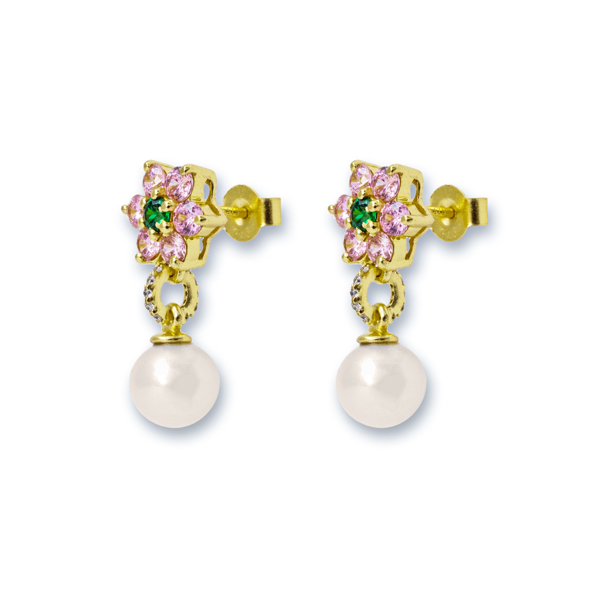 Green & Pink Flower Freshwater Pearl Earring Pair in Yellow Gold