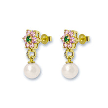 Load image into Gallery viewer, Green & Pink Flower Freshwater Pearl Earring Pair in Yellow Gold