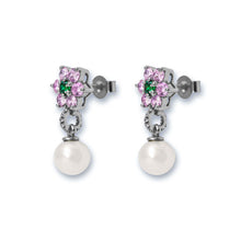 Load image into Gallery viewer, Green & Pink Flower Freshwater Pearl Earring Pair in White Gold
