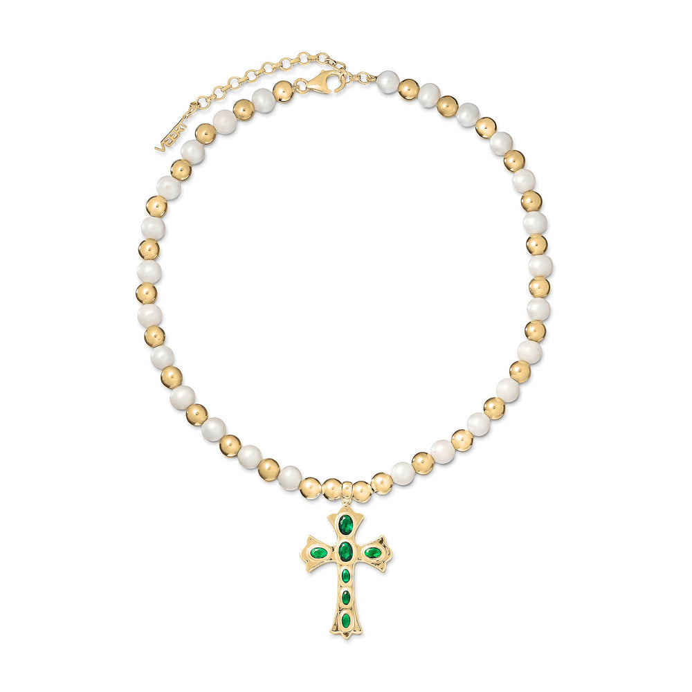 The Green Cross Freshwater Pearl Necklace in Yellow Gold