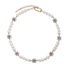 Load image into Gallery viewer, Green & Pink Flower Freshwater Pearl Necklace in Yellow Gold