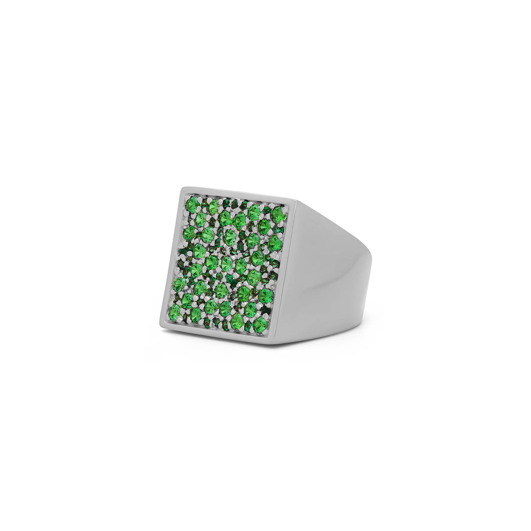 The Multi Green Square Signed Signet Ring in White Gold