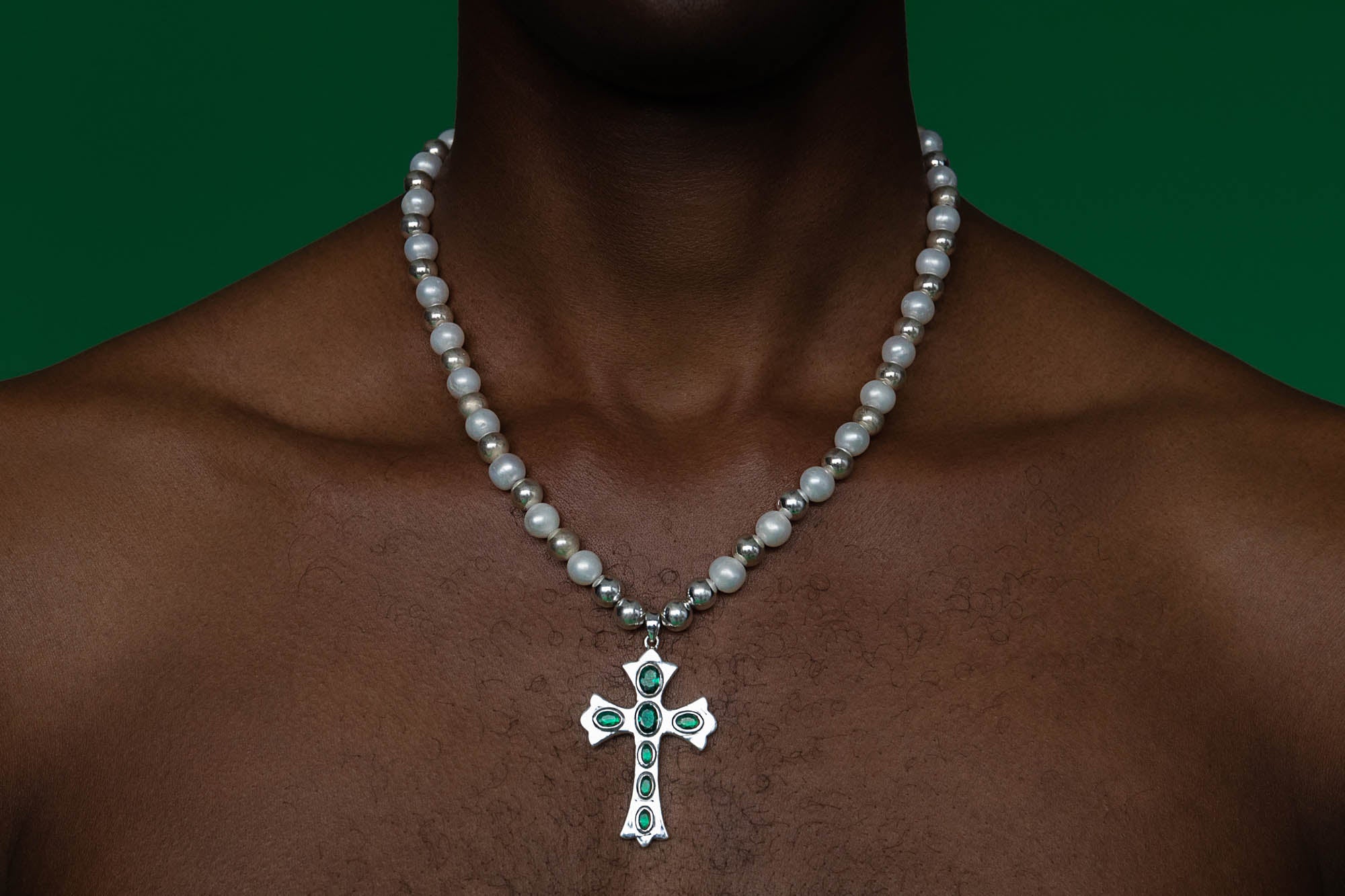 The Green Cross Freshwater Pearl Necklace in White Gold