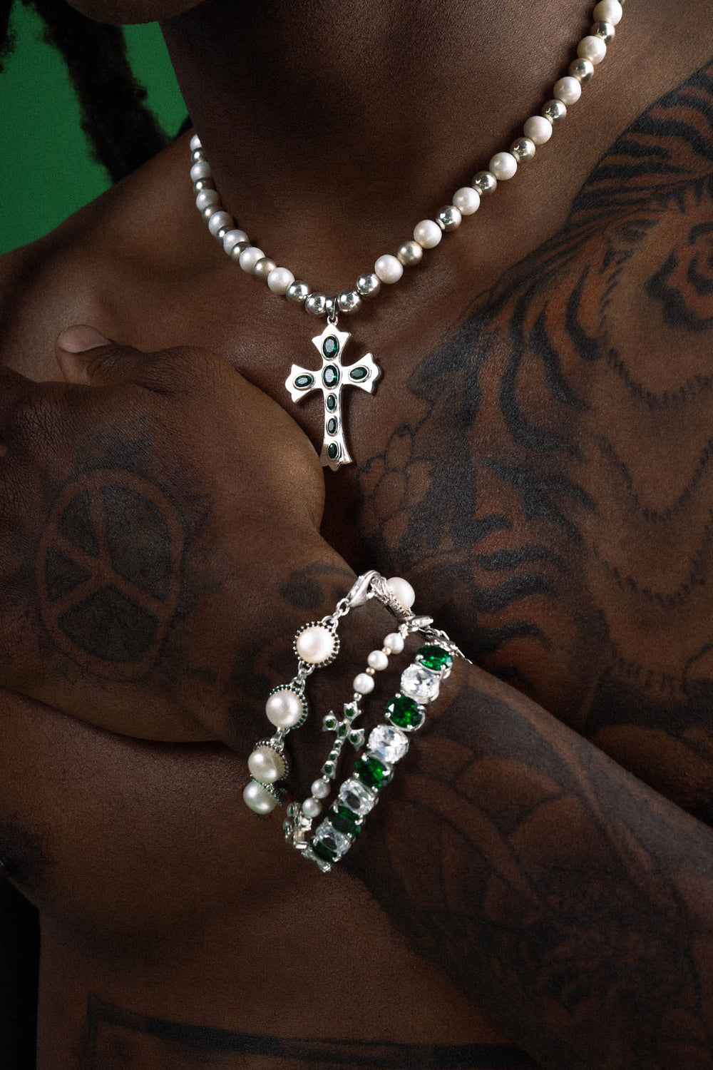 The Green Cross Freshwater Pearl Necklace in White Gold