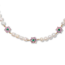 Load image into Gallery viewer, Green & Pink Flower Freshwater Pearl Necklace in Yellow Gold