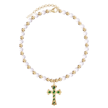Load and play video in Gallery viewer, The Green Cross Freshwater Pearl Necklace in Yellow Gold
