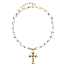 Load and play video in Gallery viewer, The Green Cross Freshwater Pearl Necklace in Yellow Gold