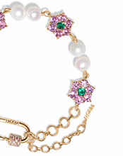 Load image into Gallery viewer, MACRO Green & Pink Flower Freshwater Pearl Bracelet in Yellow Gold