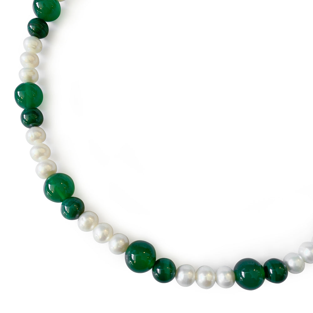 Green Onyx & Malachite Freshwater Pearl Necklace Close Up