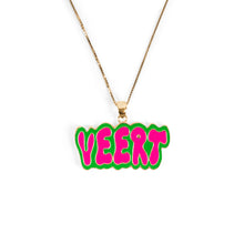 Load image into Gallery viewer, Green and Pink Retro Logo Pendant in Yellow Gold