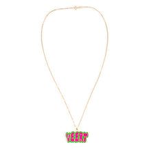 Load image into Gallery viewer, Green and Pink Retro Logo Pendant in Yellow Gold