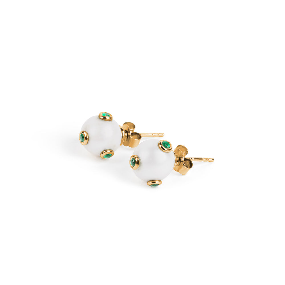 The Green Polka Dot Freshwater Pearl Earring Pair in Yellow Gold