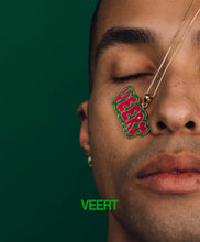 Load image into Gallery viewer, Green and Pink Retro Logo Pendant in Yellow Gold