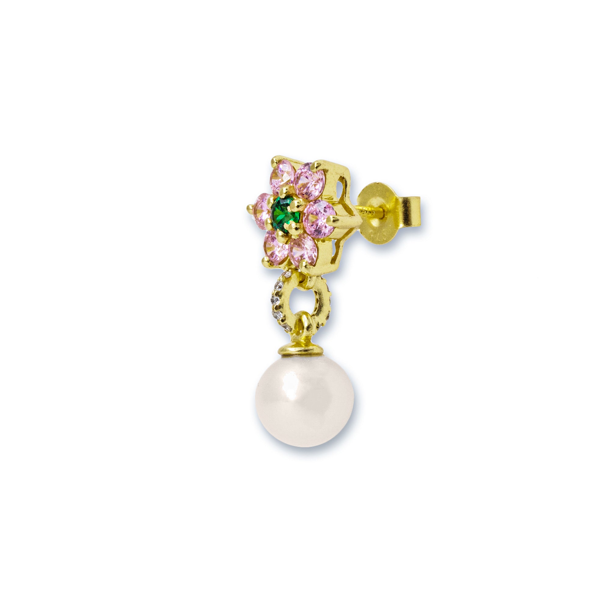 Green & Pink Flower Freshwater Pearl Earring Pair in Yellow Gold