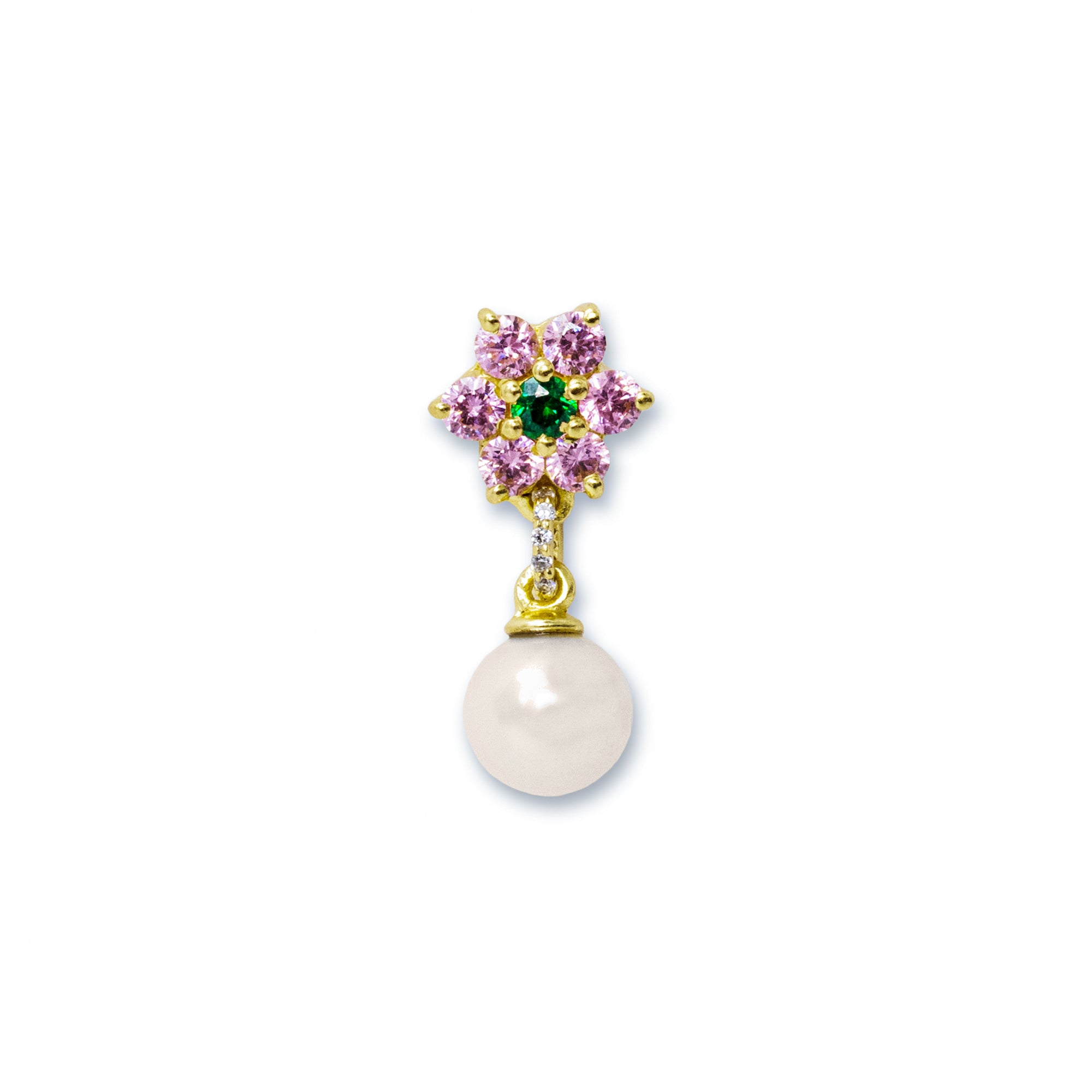 Green & Pink Flower Freshwater Pearl Earring Pair in Yellow Gold