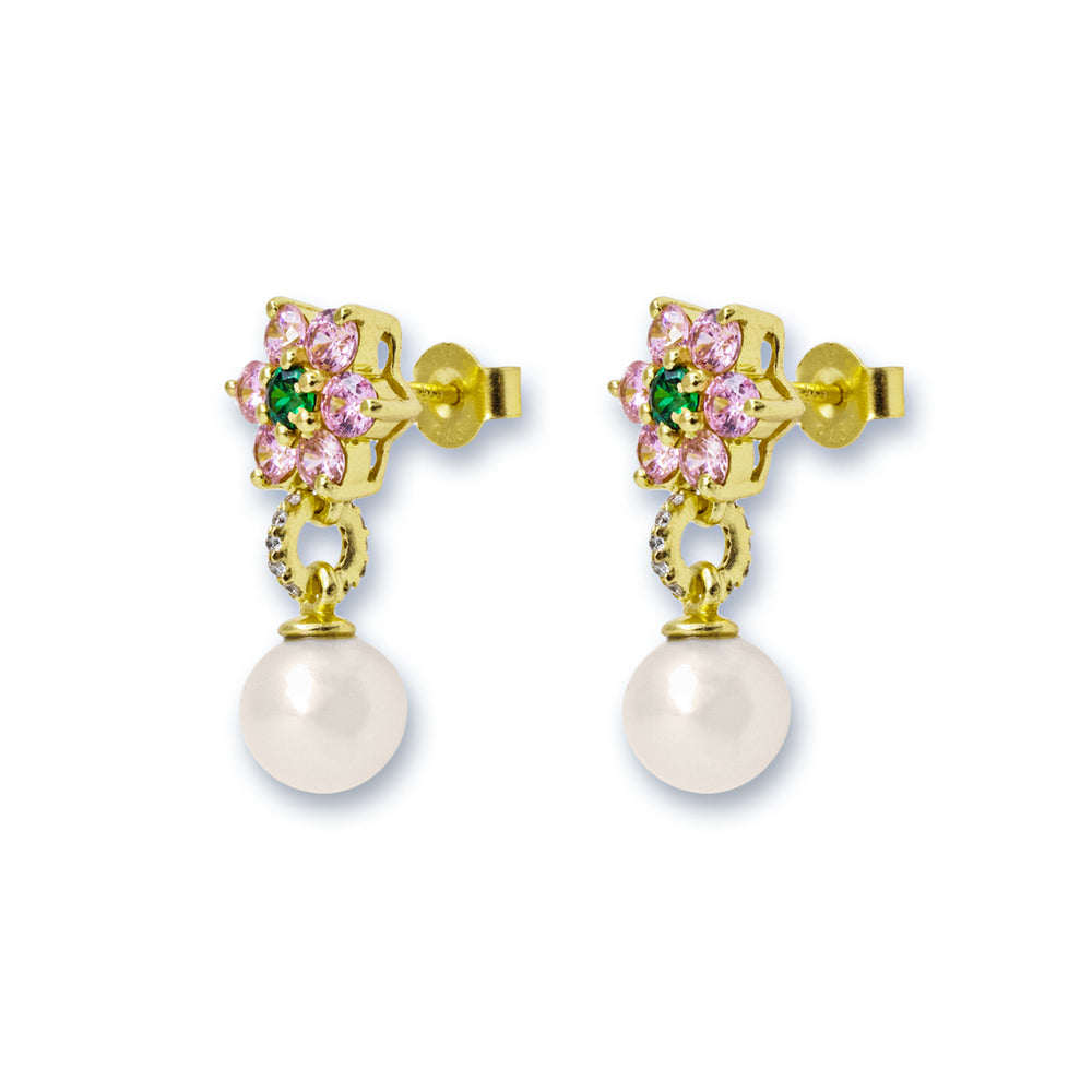 Green & Pink Flower Freshwater Pearl Earring Pair