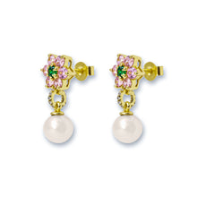 Load image into Gallery viewer, Green &amp; Pink Flower Freshwater Pearl Earring Pair
