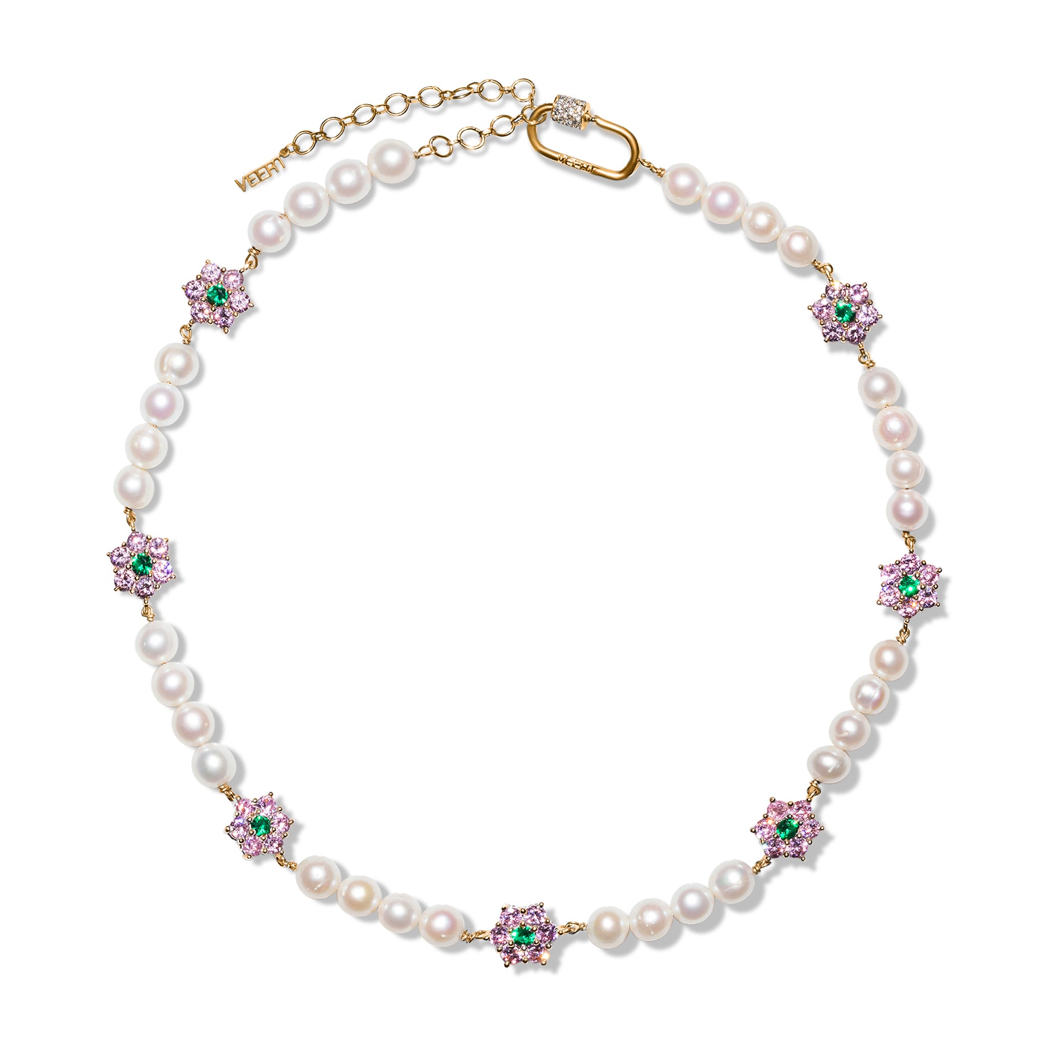Green & Pink Flower Freshwater Pearl Necklace in Yellow Gold