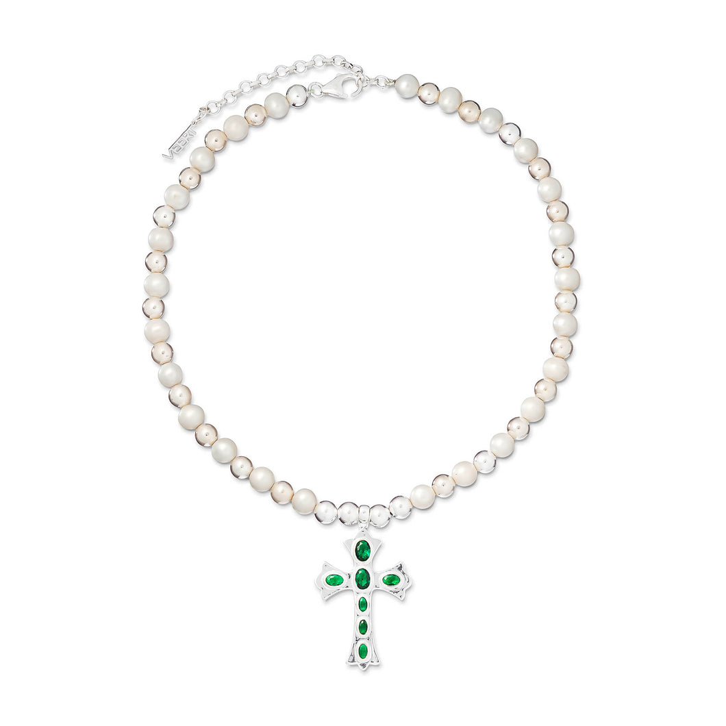 The Green Cross Freshwater Pearl Necklace in White Gold