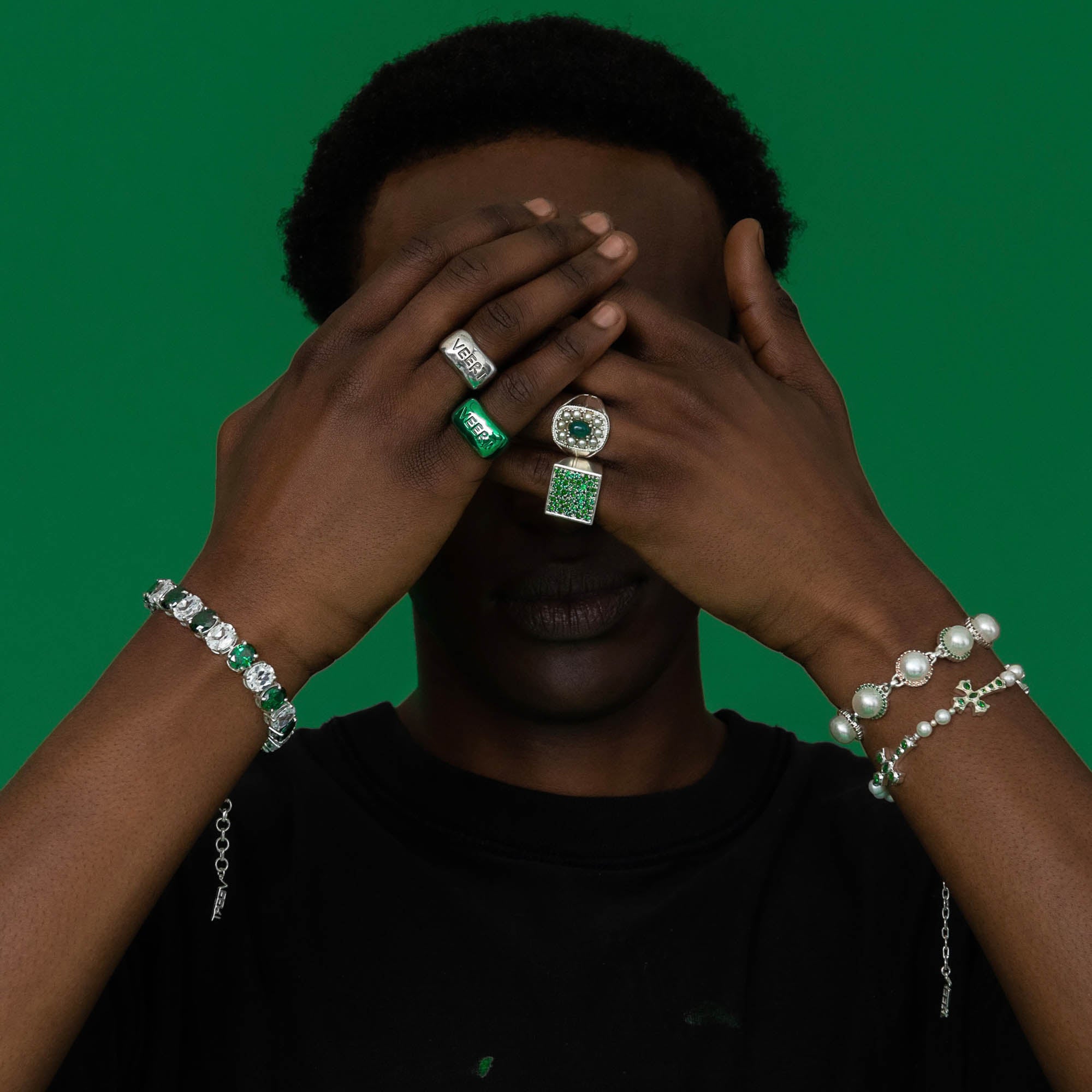 The Multi Green Square Signed Signet Ring in White Gold