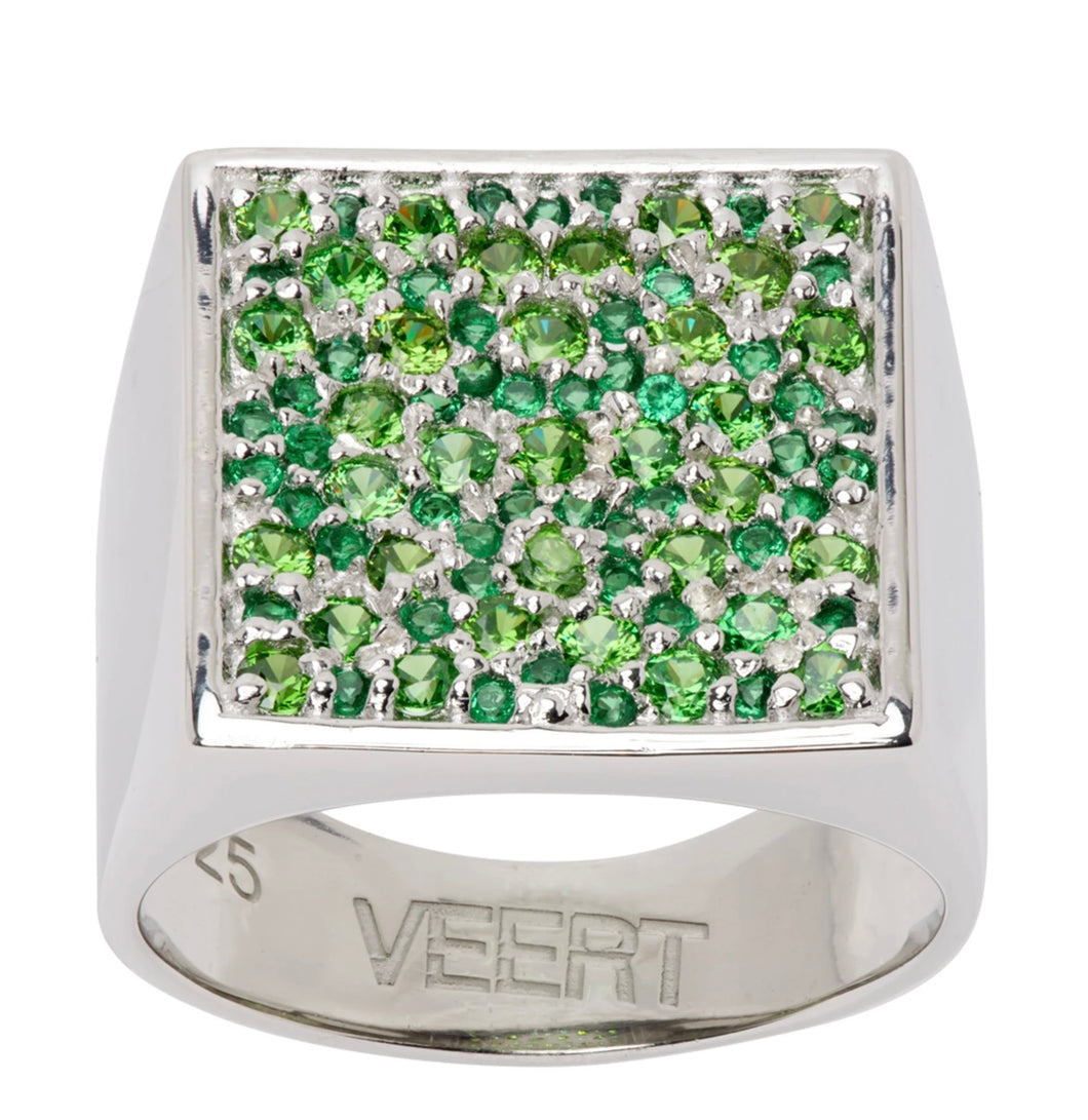 The Multi Green Square Signed Signet Ring in White Gold