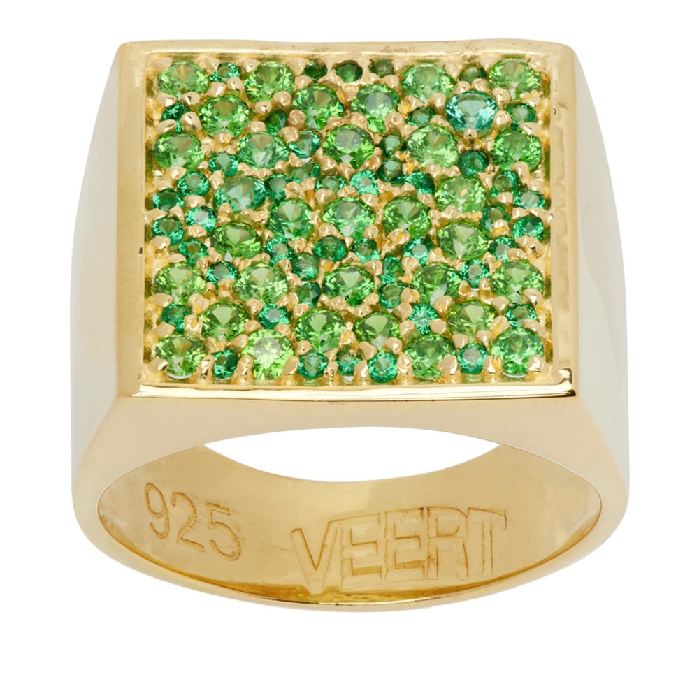 The Multi Green Square Signed Signet Ring in Yellow Gold