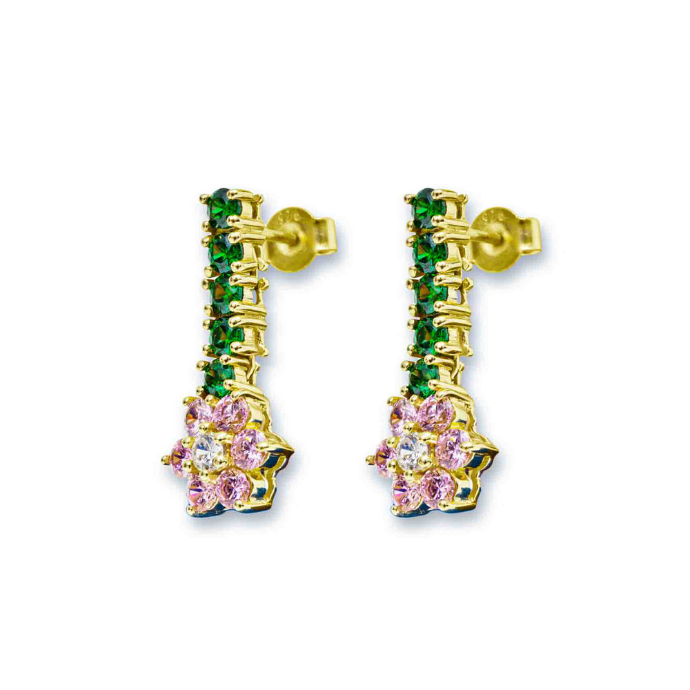 Green & Pink Flower Drop Earring Pair