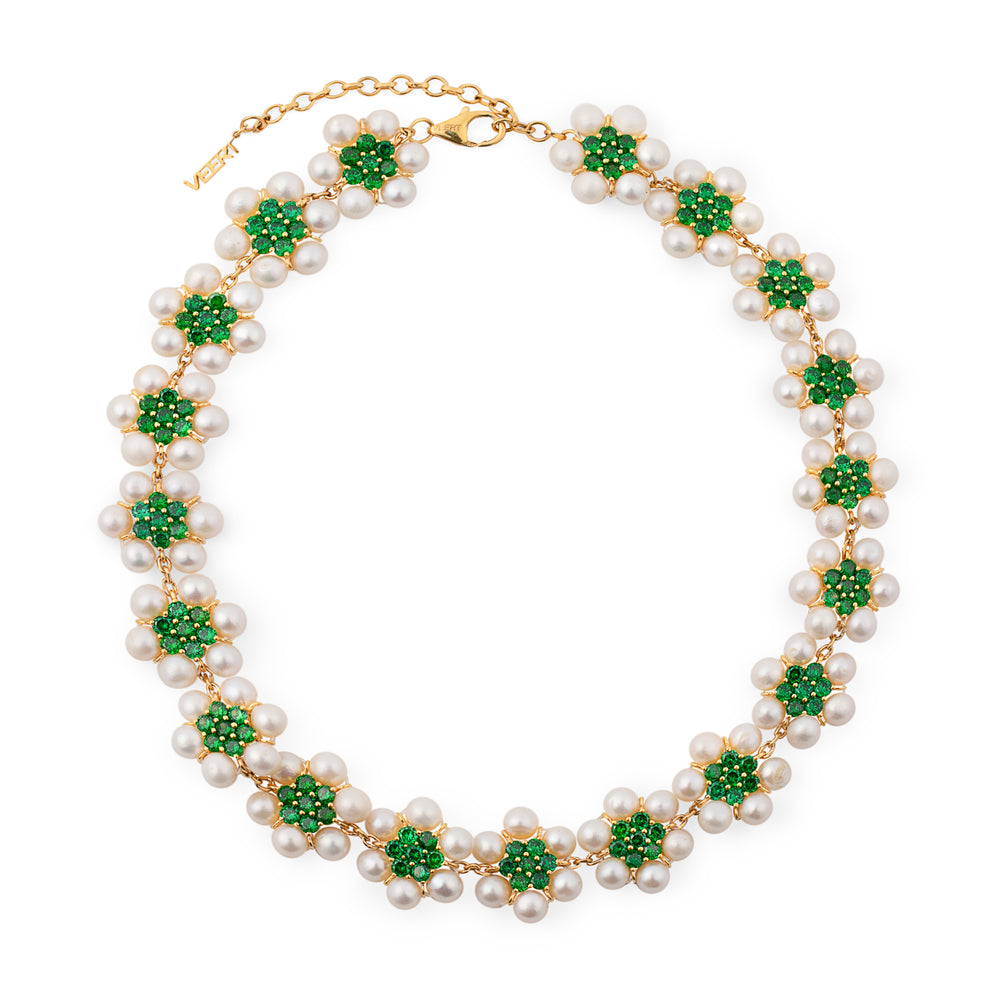 The 114 Pearl Green Flower Necklace in Yellow Gold