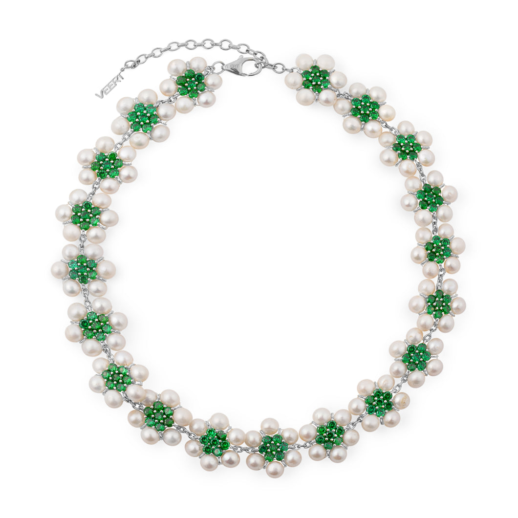 The 114 Pearl Green Flower Necklace in White Gold