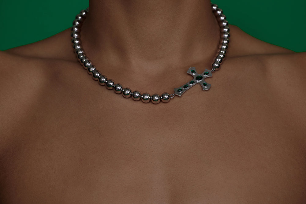The Ball Cross Necklace in White Gold