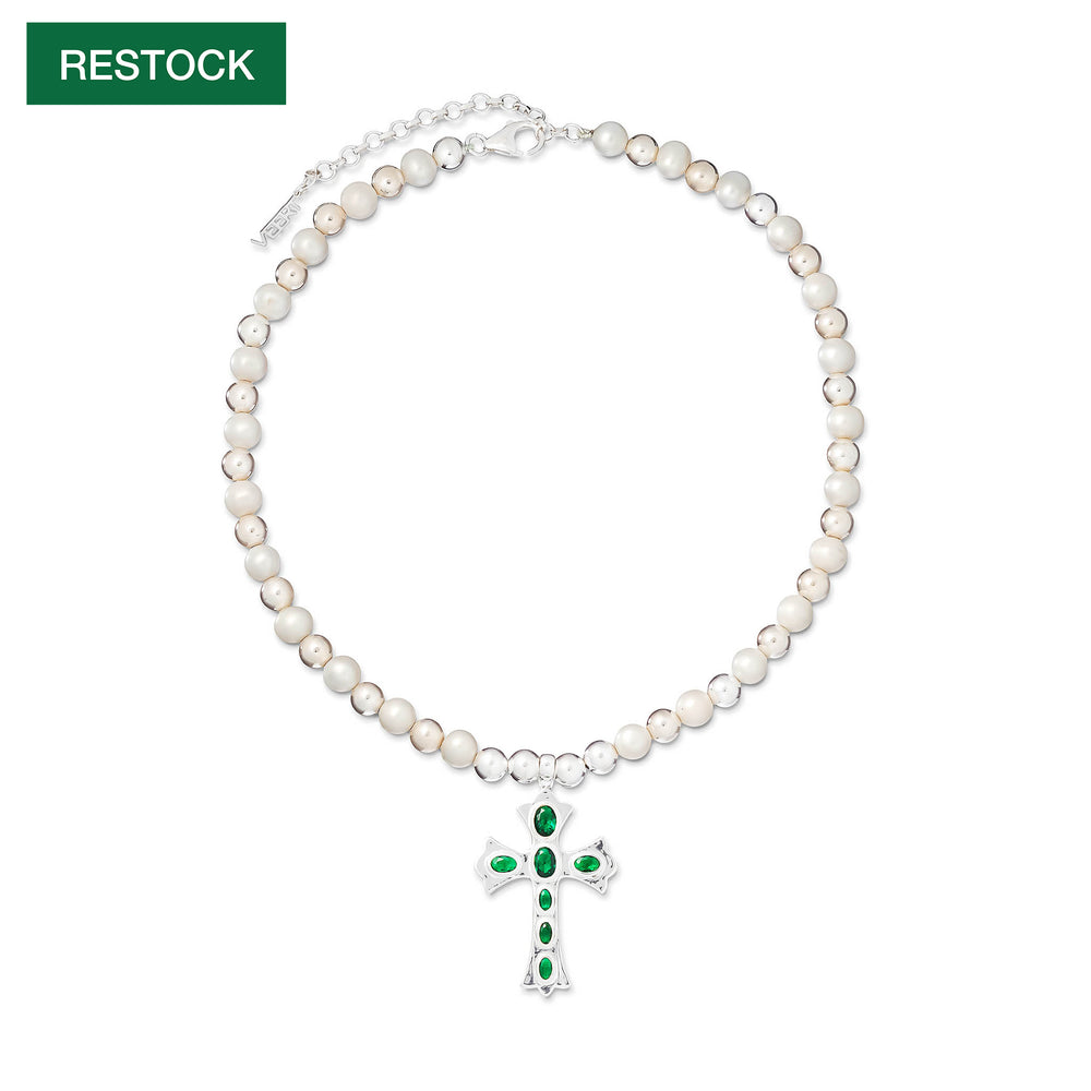 The Green Cross Freshwater Pearl Necklace in White Gold