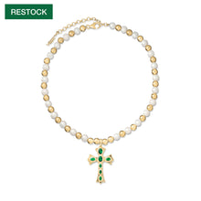 Load image into Gallery viewer, The Green Cross Freshwater Pearl Necklace in Yellow Gold
