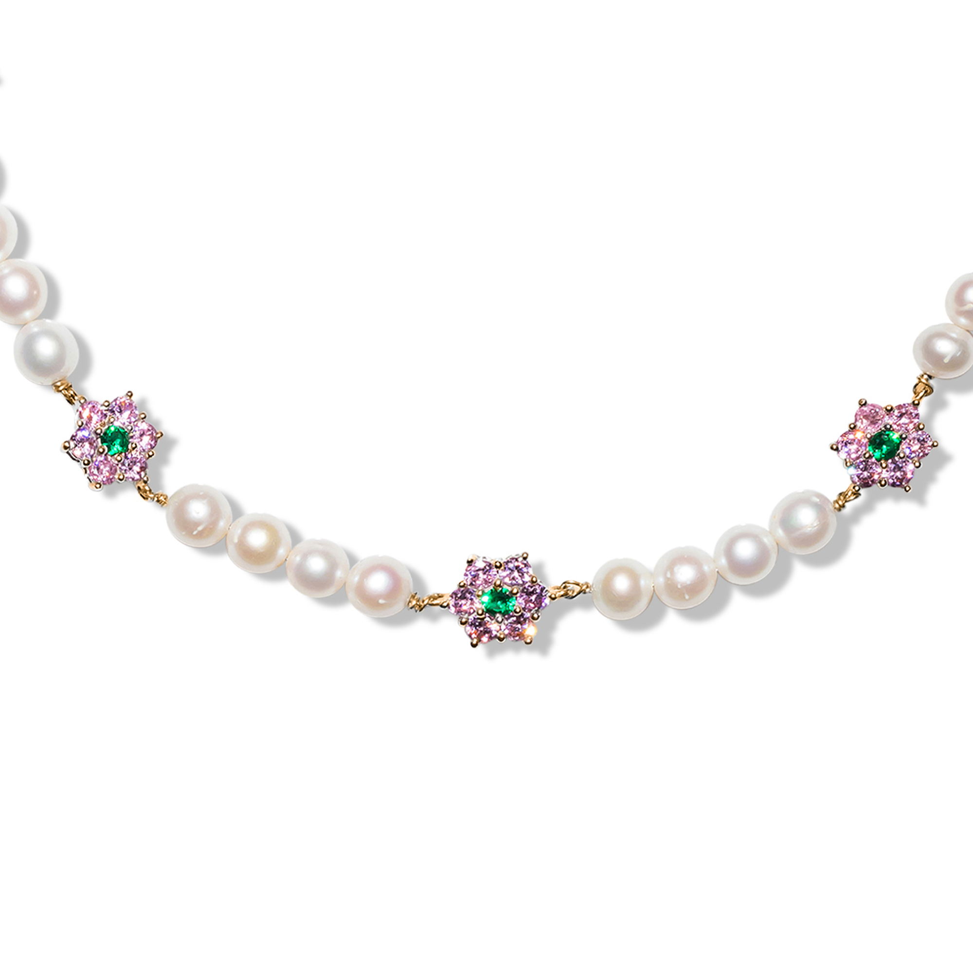 Green & Pink Flower Freshwater Pearl Necklace in Yellow Gold