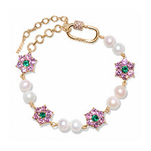 Load image into Gallery viewer, MACRO Green &amp; Pink Flower Freshwater Pearl Bracelet in Yellow Gold

