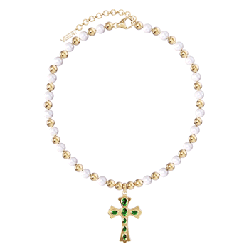 The Green Cross Freshwater Pearl Necklace in Yellow Gold
