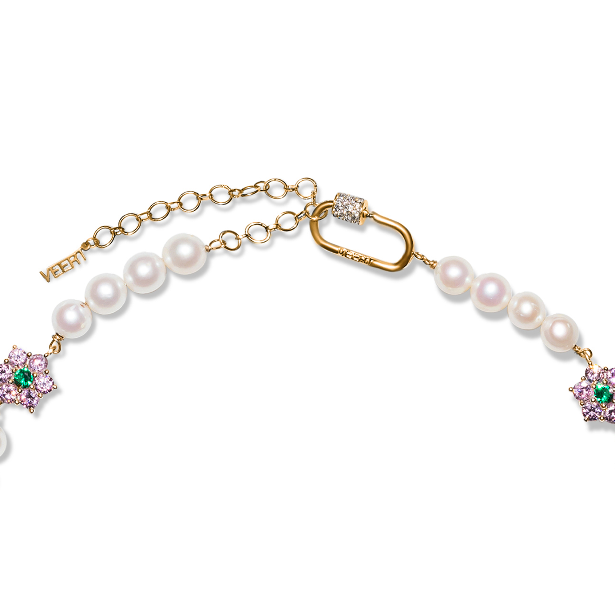 Green & Pink Flower Freshwater Pearl Necklace in Yellow Gold