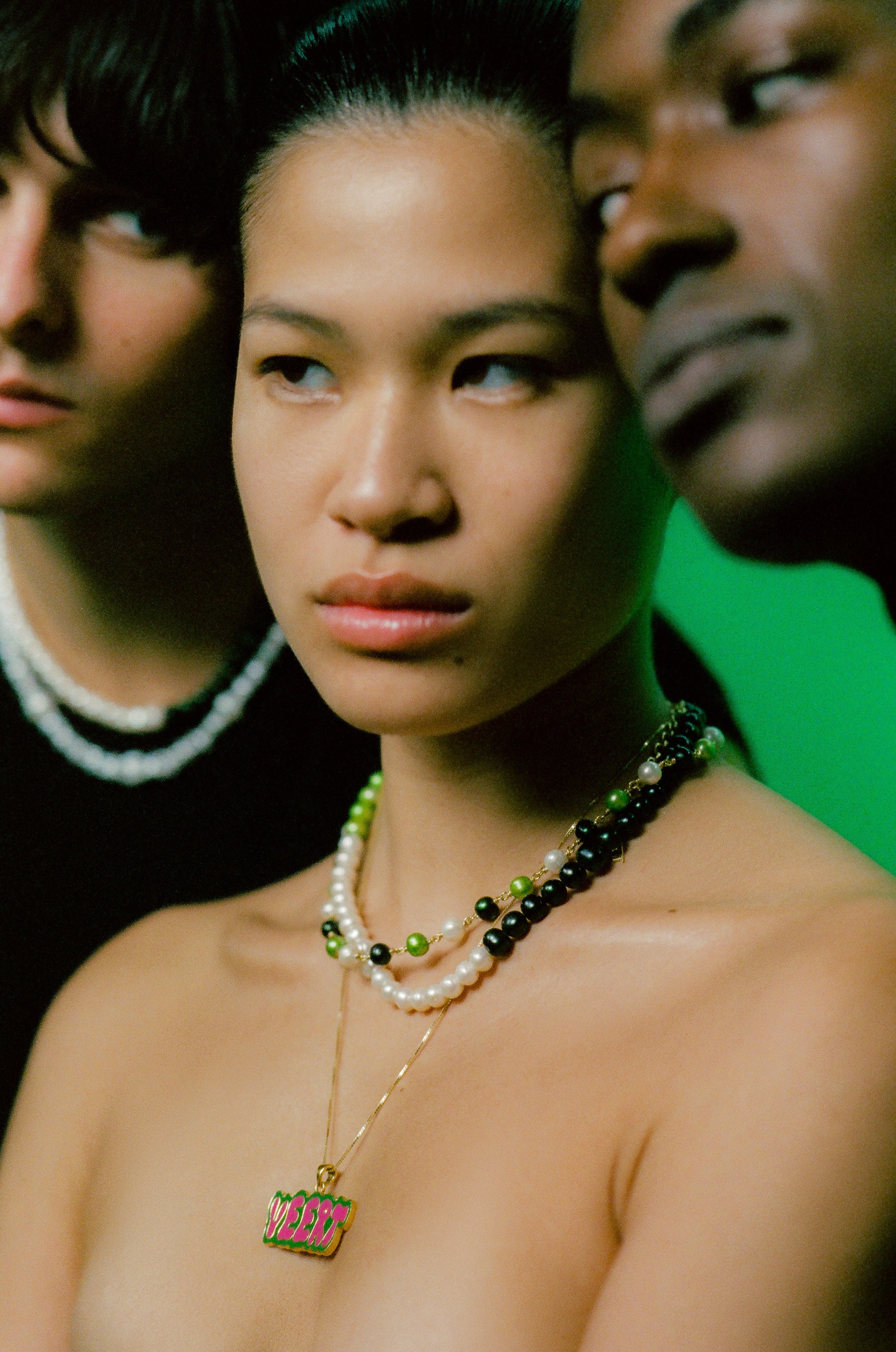 Green and Pink Retro Logo Pendant in Yellow Gold