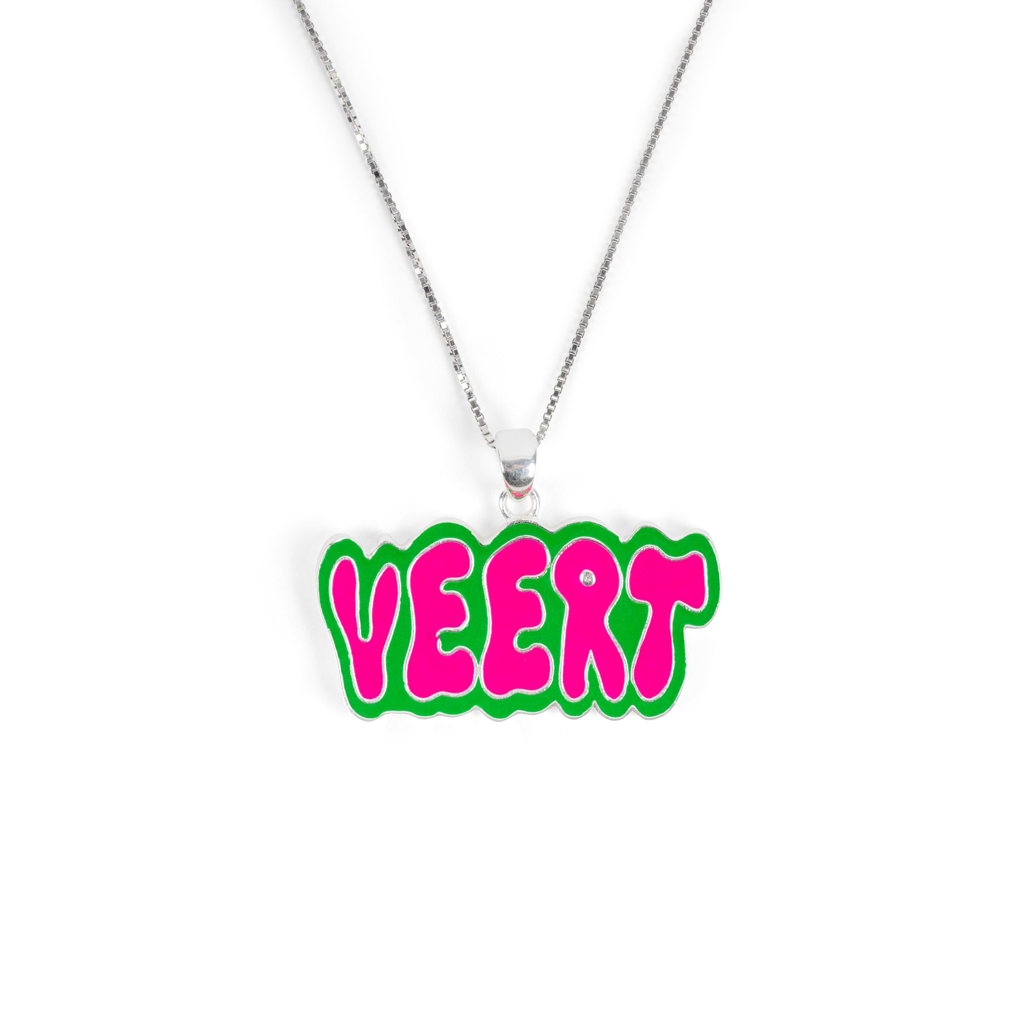 Green and Pink Retro Logo Pendant in White Gold