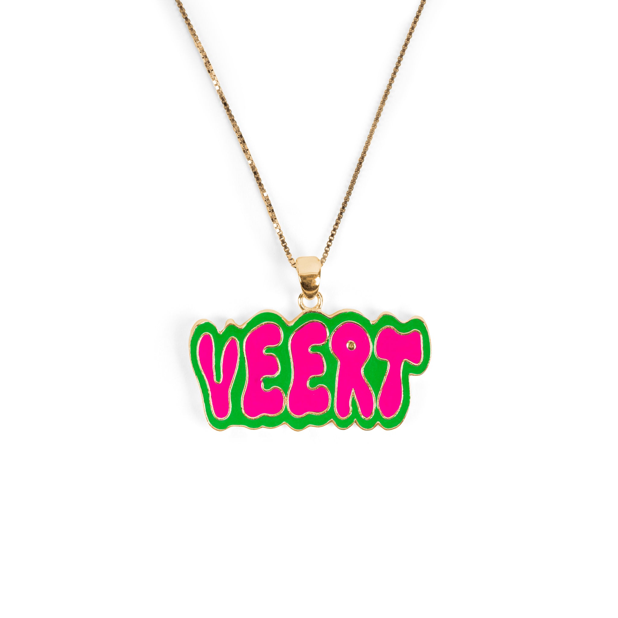 Green and Pink Retro Logo Pendant with Chain in Yellow Gold