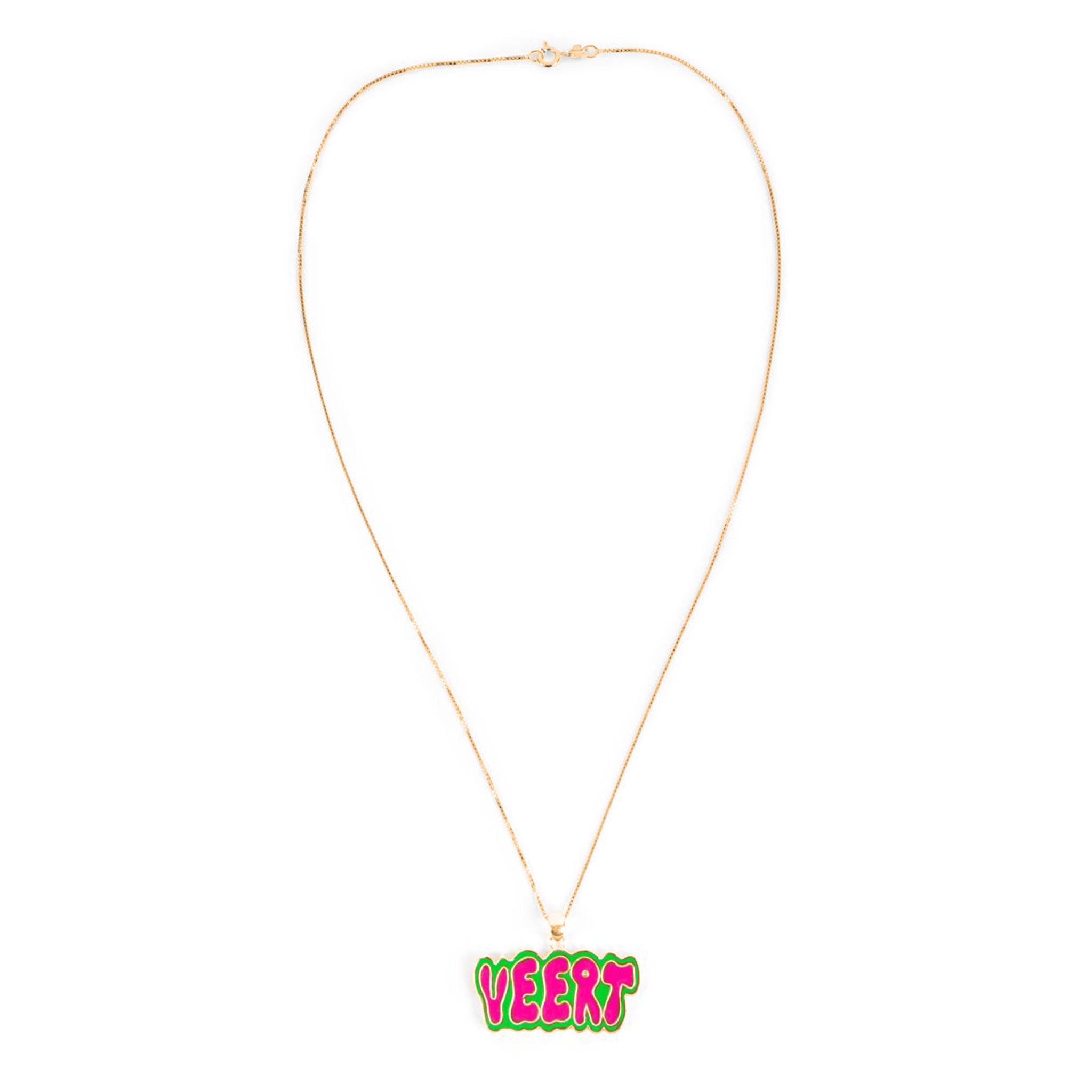 Green and Pink Retro Logo Pendant in Yellow Gold