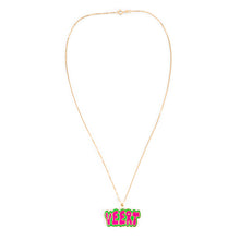 Load image into Gallery viewer, Green and Pink Retro Logo Pendant with Chain in Yellow Gold
