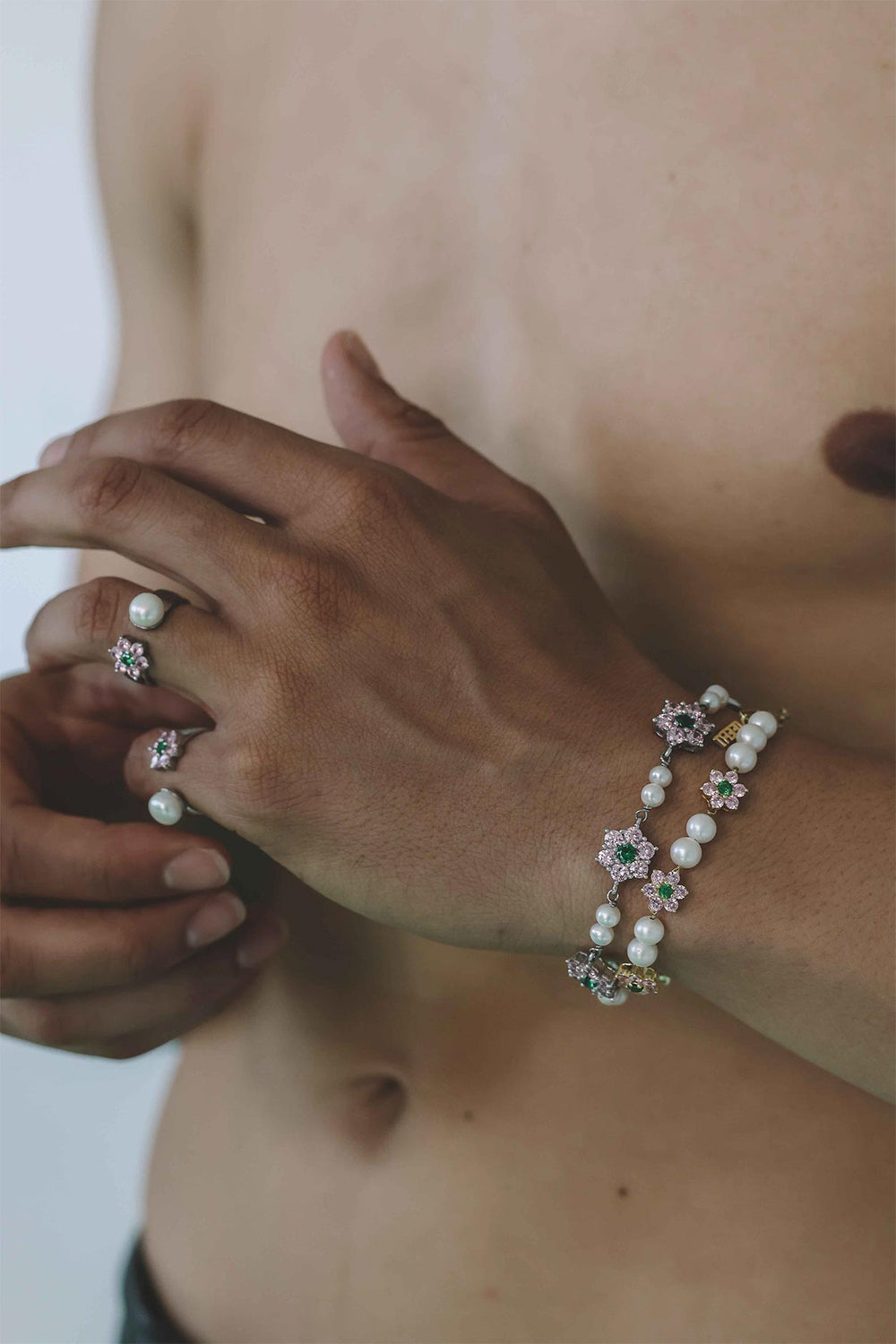 MICRO Green & Pink Flower Freshwater Pearl Bracelet