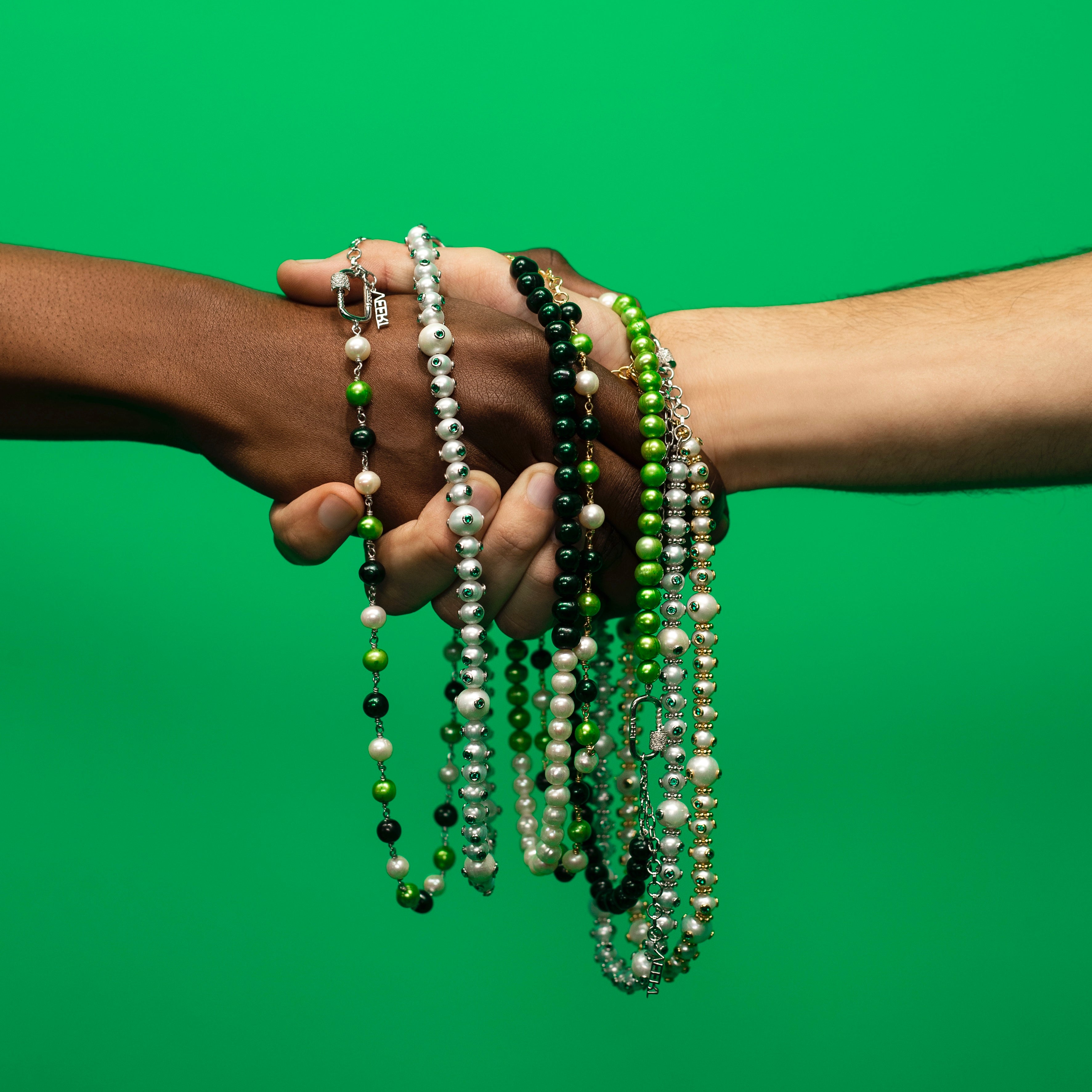 The Chunk Multi Green Freshwater Pearl Necklace in White Gold