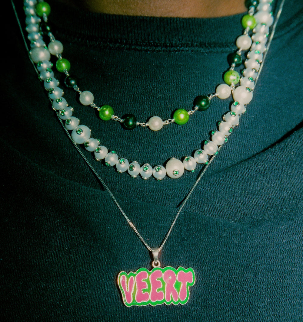 Green and Pink Retro Logo Pendant with Chain in White Gold