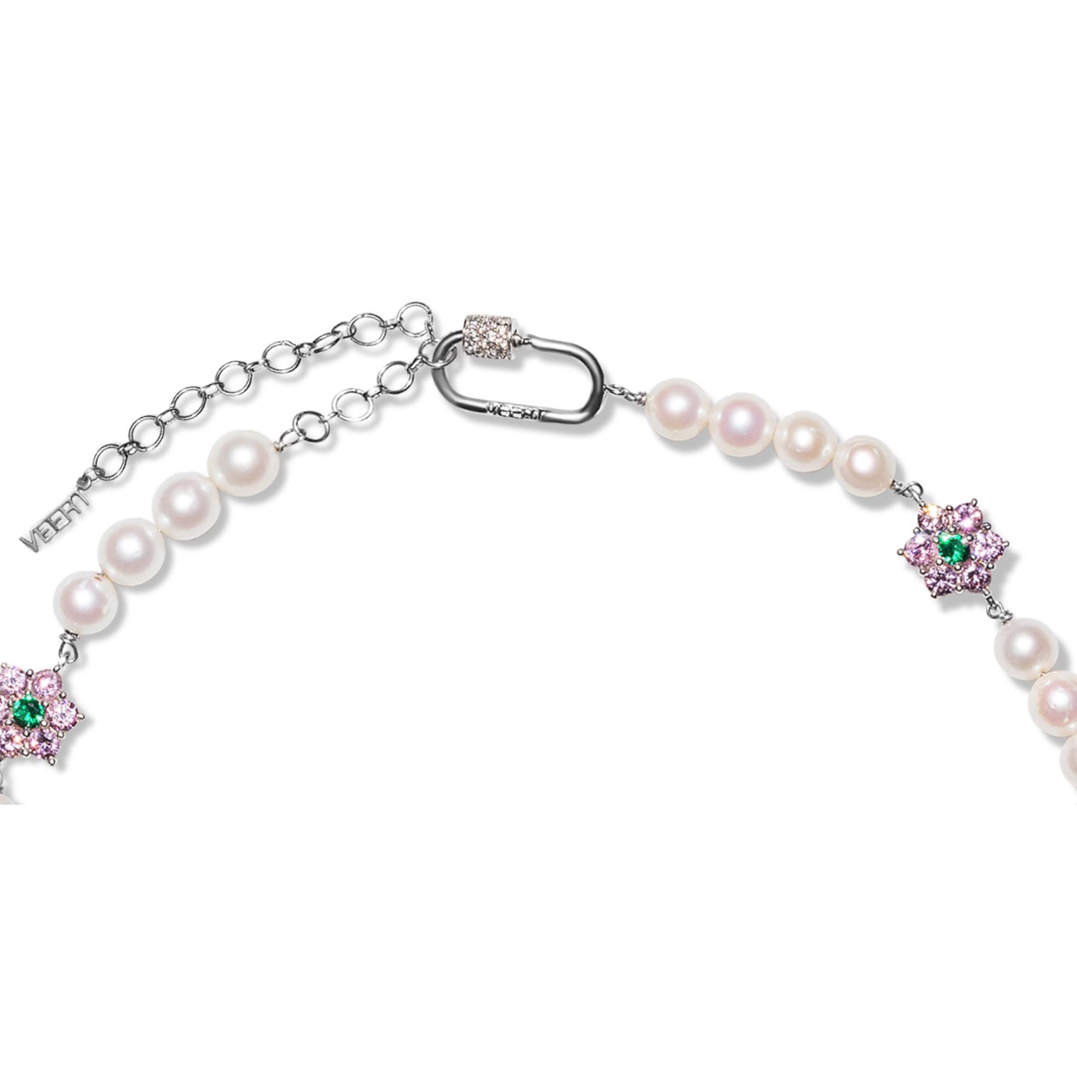 VEERT - Green & Pink Flower Freshwater Pearl Necklace