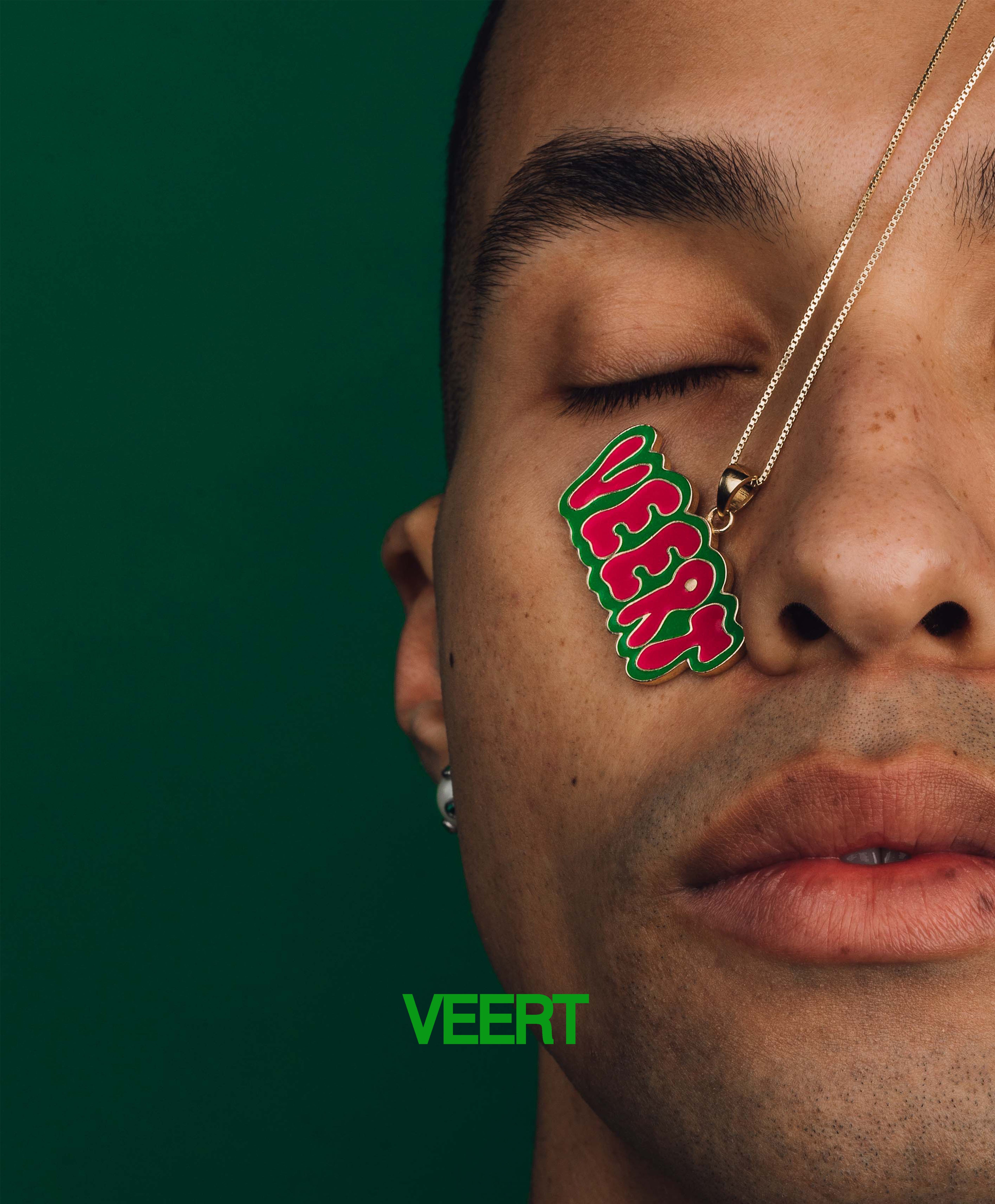 Green and Pink Retro Logo Pendant in Yellow Gold