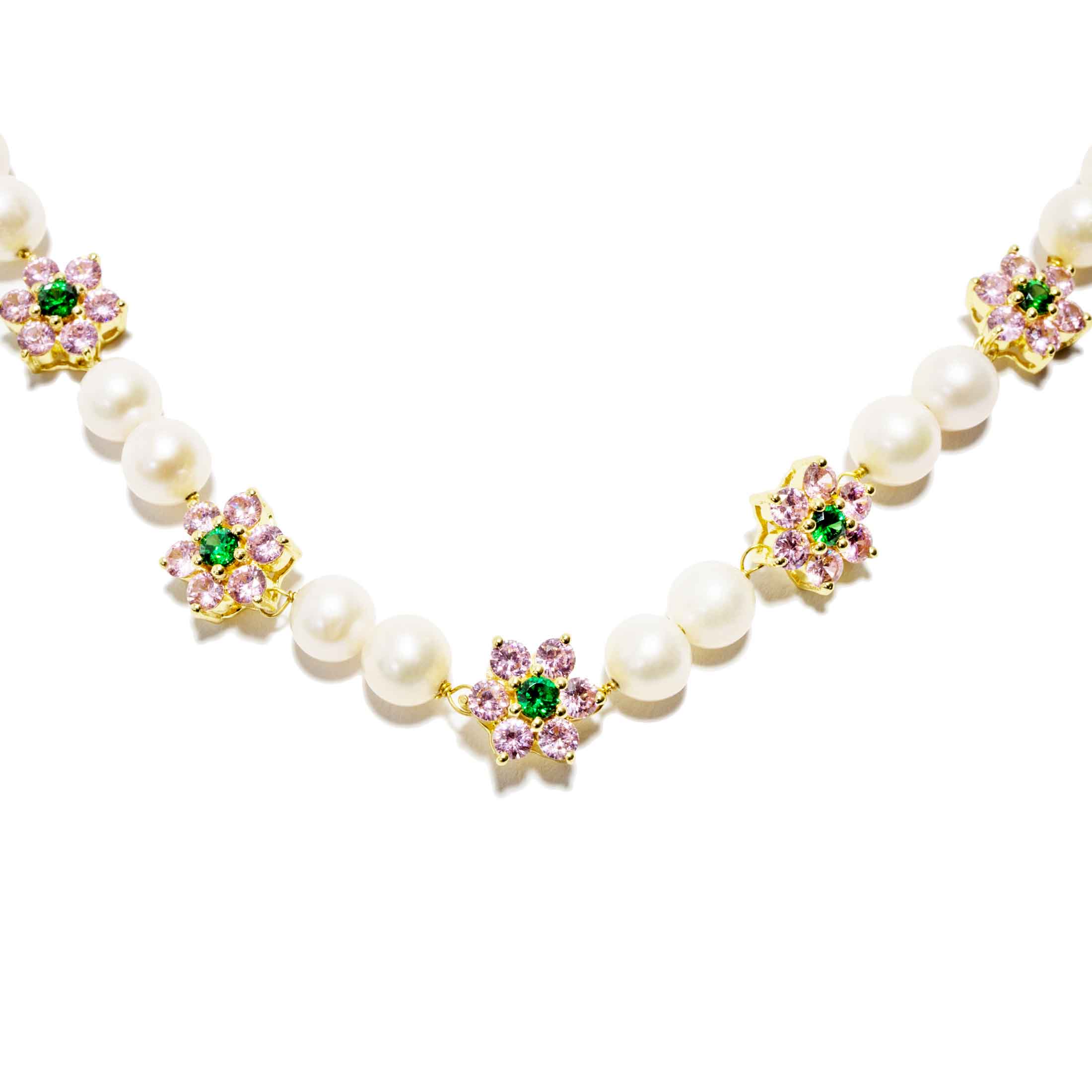 MICRO Green & Pink Flower Freshwater Pearl Bracelet - 18K gold plated 925 Sterling Silver