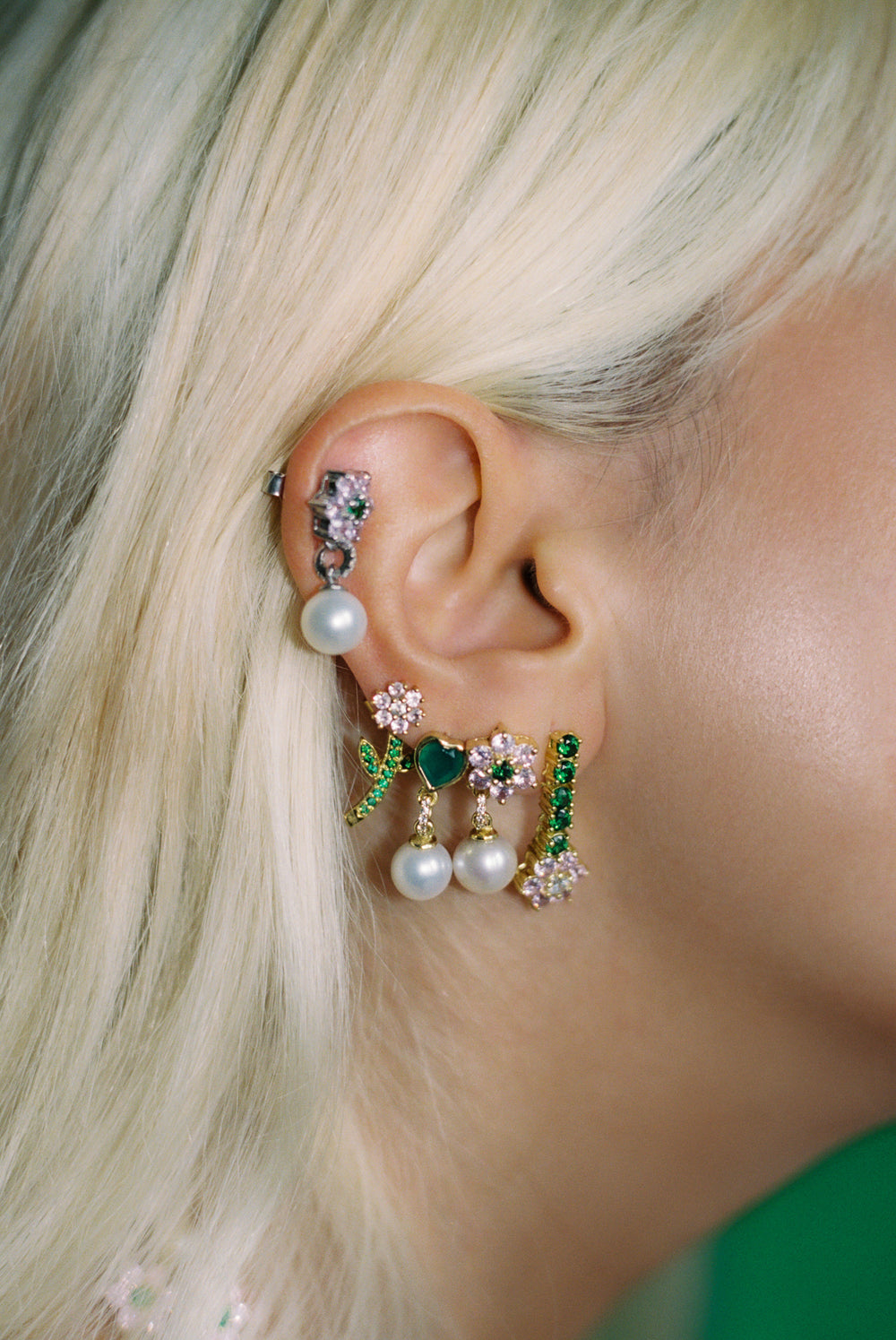 Green Pink Flower Drop Earring