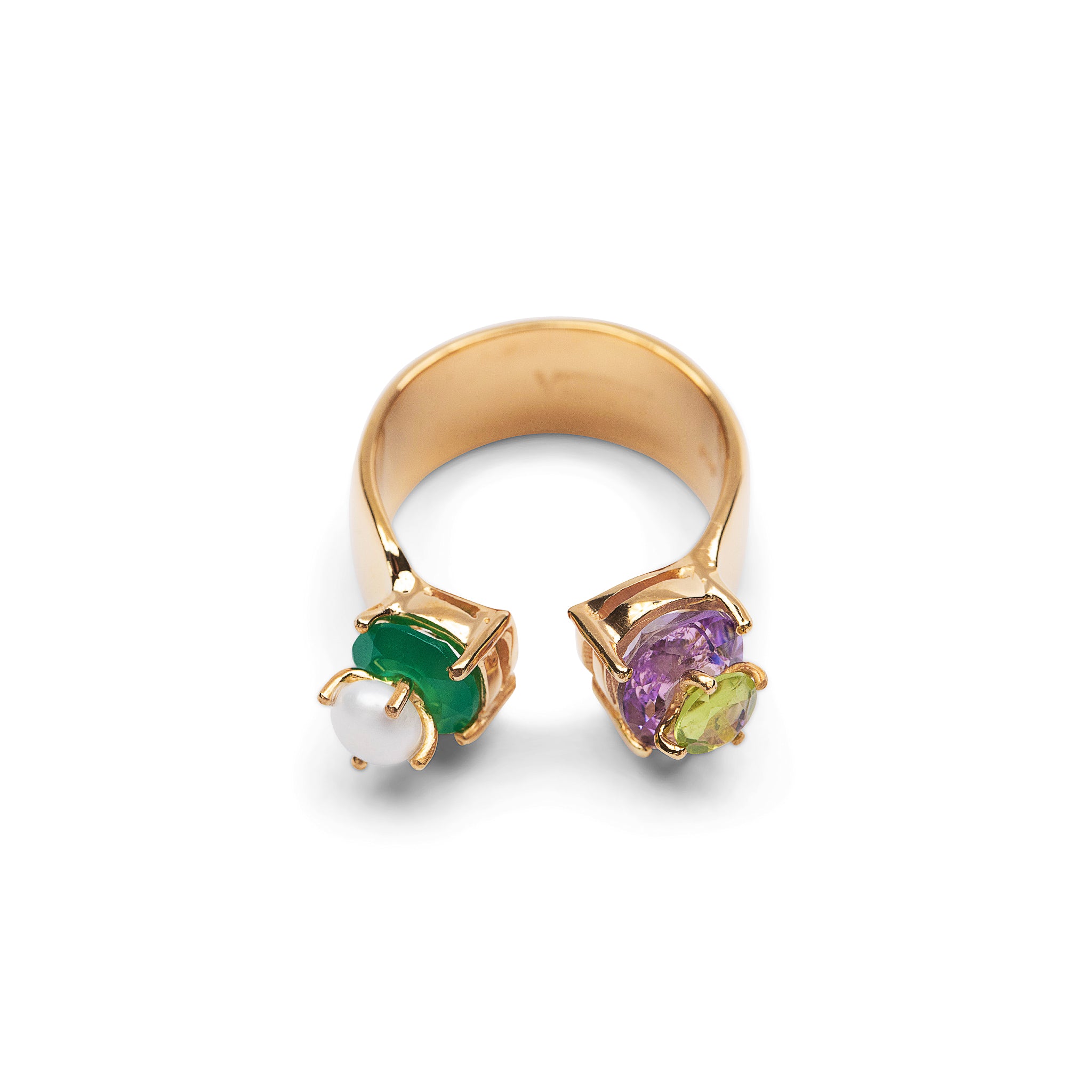The Freshwater Pearl, Green Onyx & Amethyst Ring in Yellow Gold